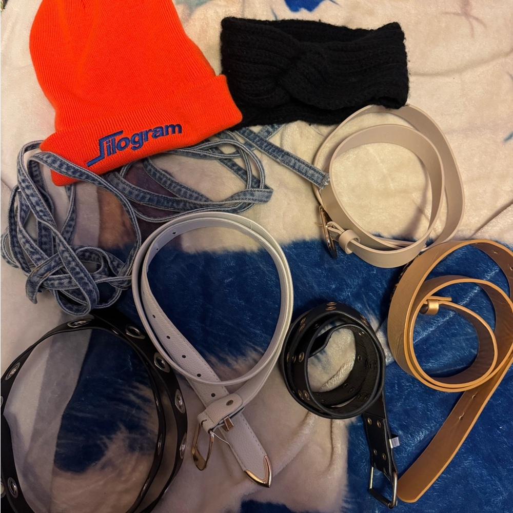 Neon Orange Beanie, black head wrap + 7 Assorted Belts Accessories